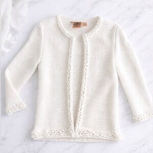 Tory Burch Ivory Crochet Knit Jacket Open Front Textured Trim